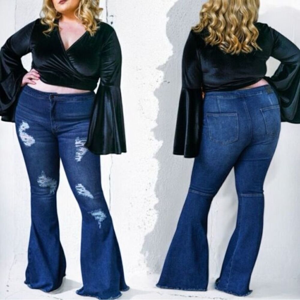Dark Wash Distressed Flare Jeans | High Rise Stretch | Raw Hem | Plus Size | NWT